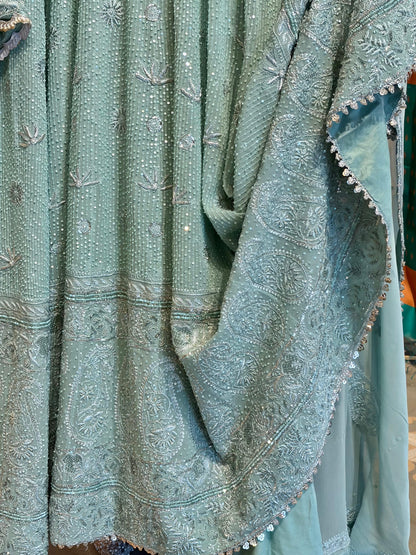 Cement Green Sequinned Georgette Chikankari Anarkali