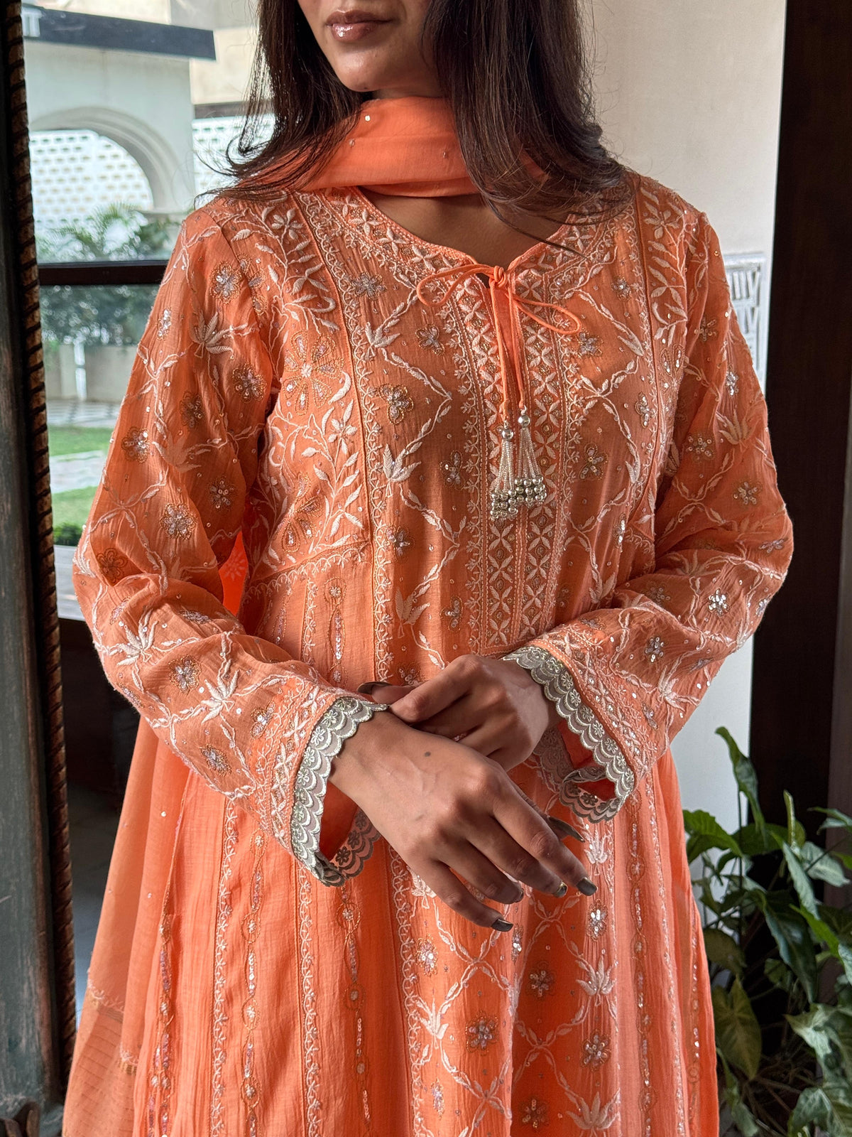 Coral Orange Malmal Pearl Work Chikankari A Line Kalidar Kurta With Dupatta