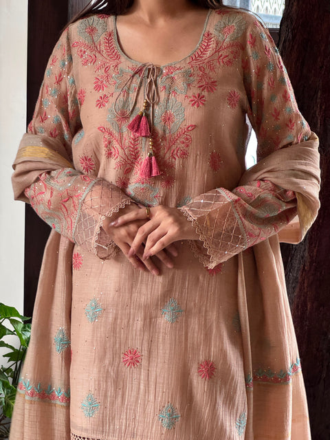 Nude Beige Mal Chanderi Farshi Chikankari Set