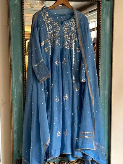 Powder Blue Shade Mukaish Mul Chanderi Silk Dress