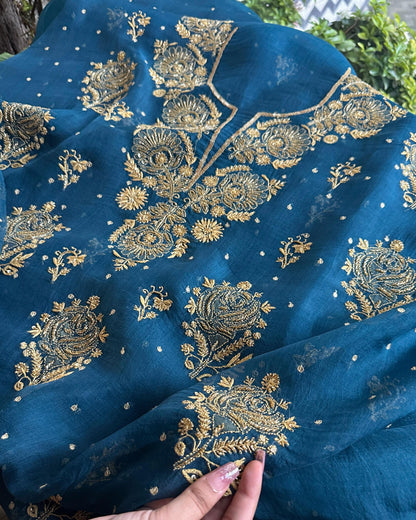Prussian Blue Noor Organza Silk Chikankari Unstitched Kurta Dupatta Set