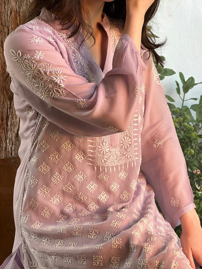 Lavender Chiffon Afghani Shalwar Chikankari Coord Set - Fine Chikankari Work