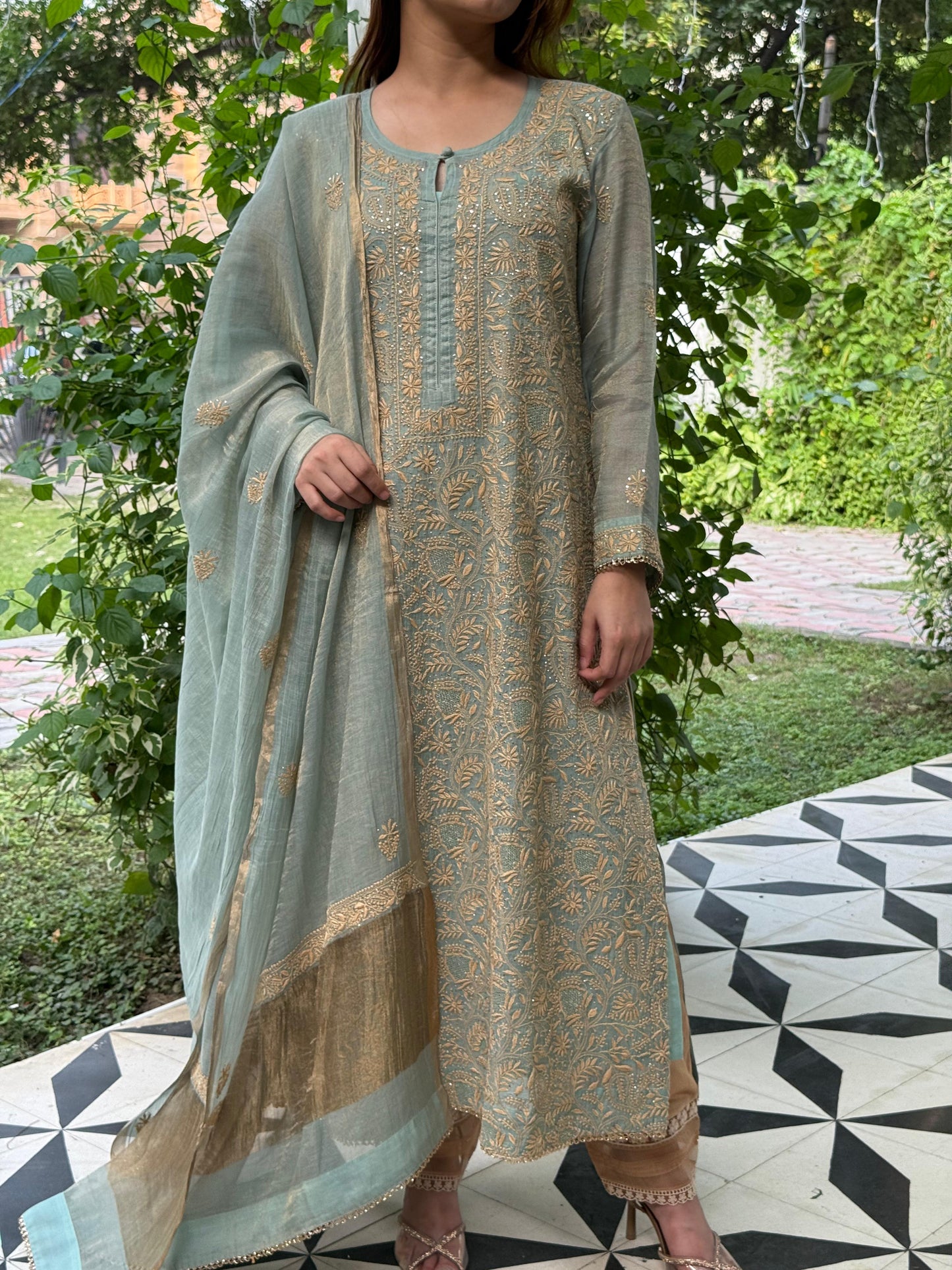 Cement Shade Tissue Silk Chikankari Straight Cut Kurta Dupatta Set