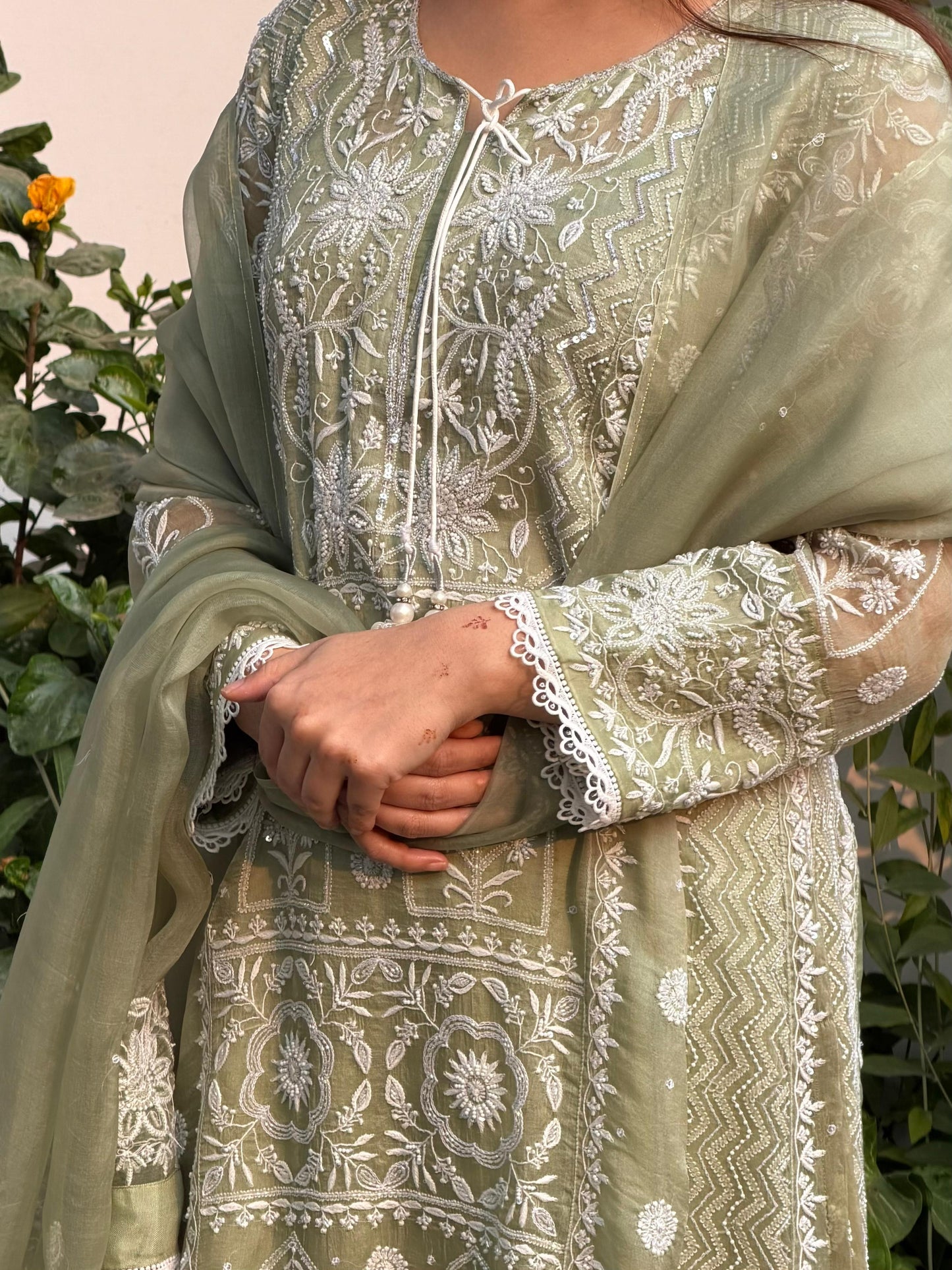 Green Noor Organza Chikankari Anarkali Kurta With Dupatta