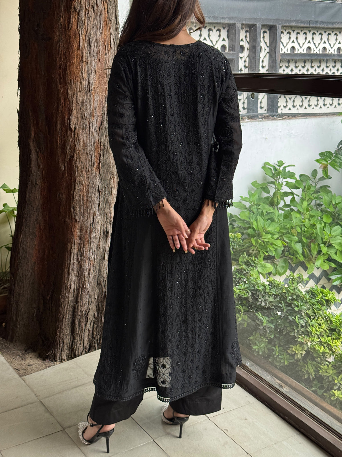 Black Malmal Pearl Work Chikankari A Line Kalidar Kurta With Dupatta