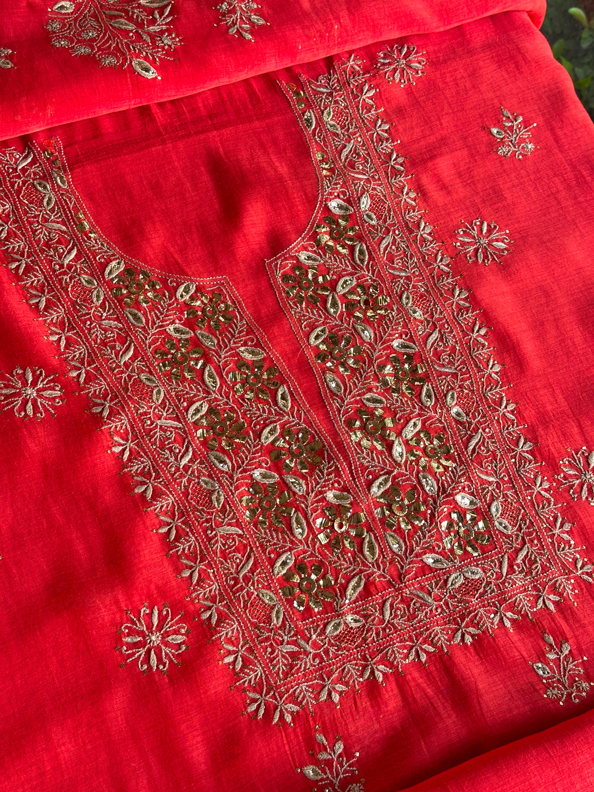 Red Shade Mal Cotton Chikankari Unstitched Kurta Dupatta Fabric With Mukaish Badla