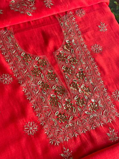 Red Shade Mal Cotton Chikankari Unstitched Kurta Dupatta Fabric With Mukaish Badla