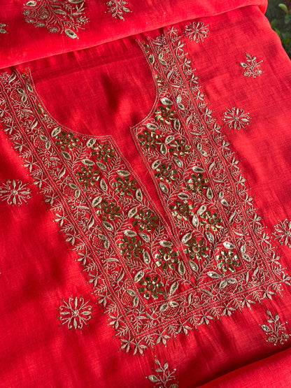 Red Shade Mal Cotton Chikankari Unstitched Kurta Dupatta Fabric With Mukaish Badla