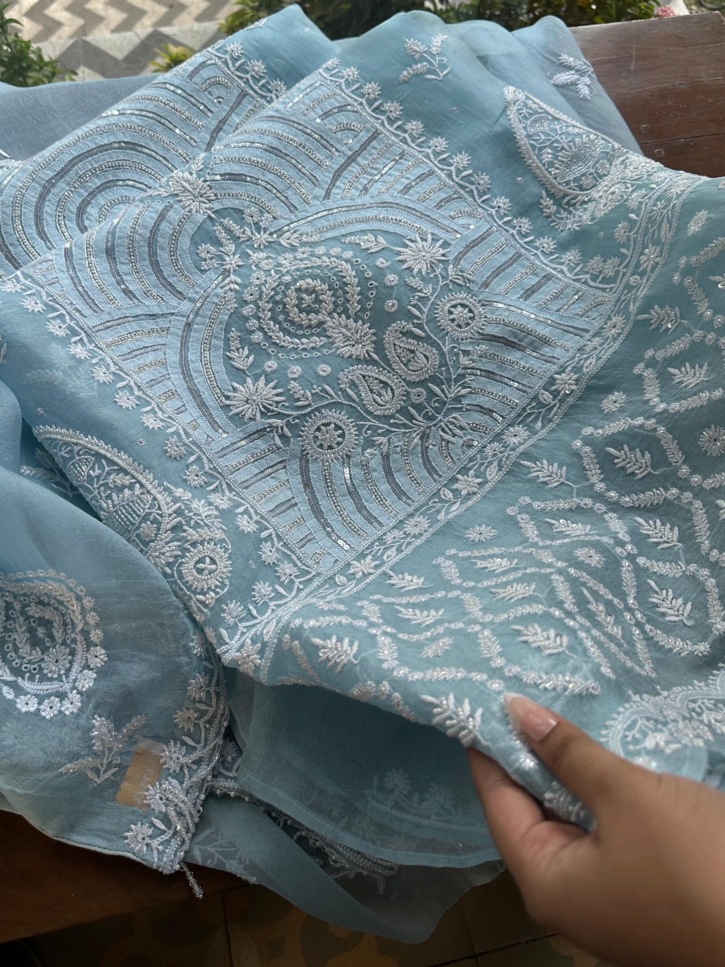 Powder Blue Noor Organza Banarasi Silk Chikankari Unstitched Kurta Dupatta Set