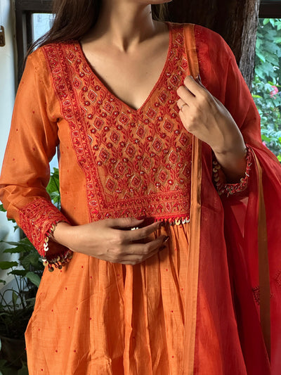 Rust Orange Sico (Silk Cotton) Chikankari Tux Kurta Set