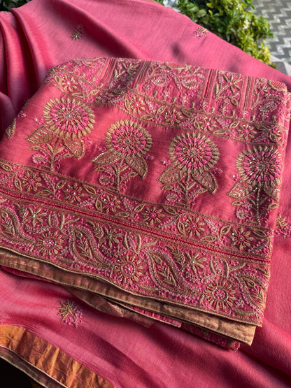 Pink Moonga Silk Chikankari Unstitched Fabric