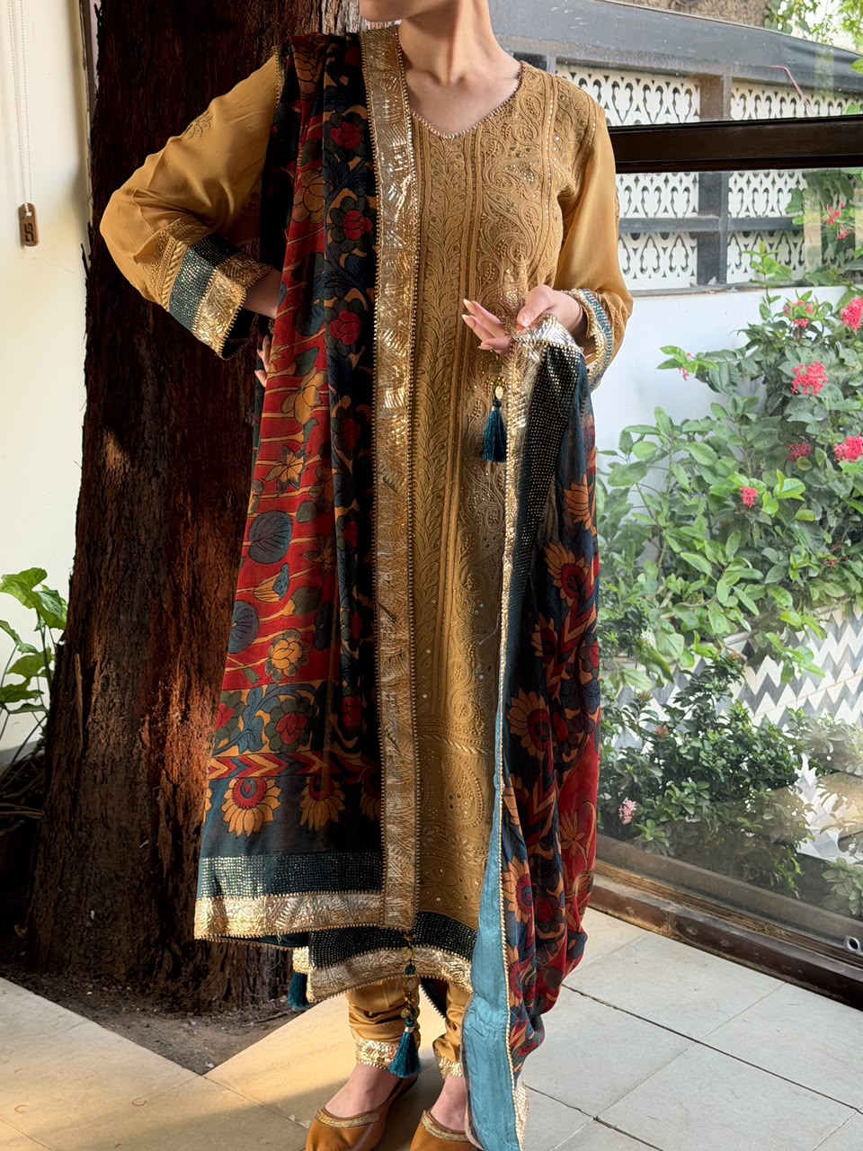 Turmeric Yellow Chikankari Pure Georgette Churidar Set with Kalamkari Dupatta