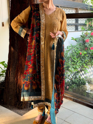 Turmeric Yellow Chikankari Pure Georgette Churidar Set with Kalamkari Dupatta