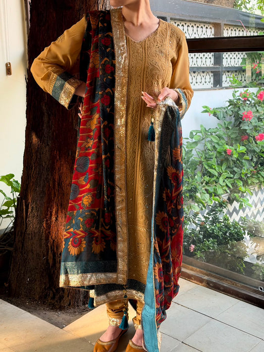 Turmeric Yellow Chikankari Pure Georgette Churidar Set with Kalamkari Dupatta