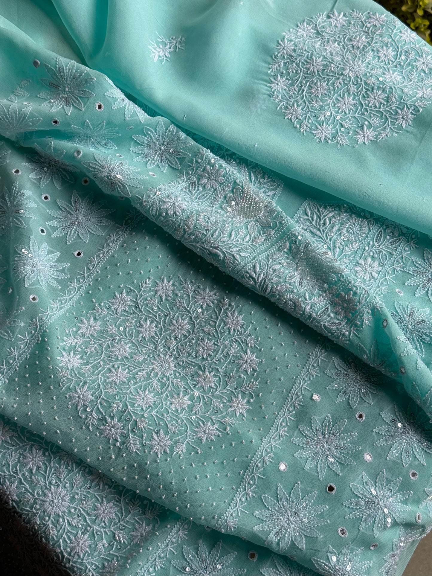 Aqua Green shade Georgette Mirror Work Chikankari Kurta Dupatta Set