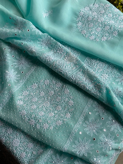 Aqua Green shade Georgette Mirror Work Chikankari Kurta Dupatta Set
