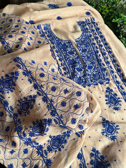 Beige & Blue Mal Chanderi Silk Chikankari With Sequins Unstitched Kurta Dupatta Set