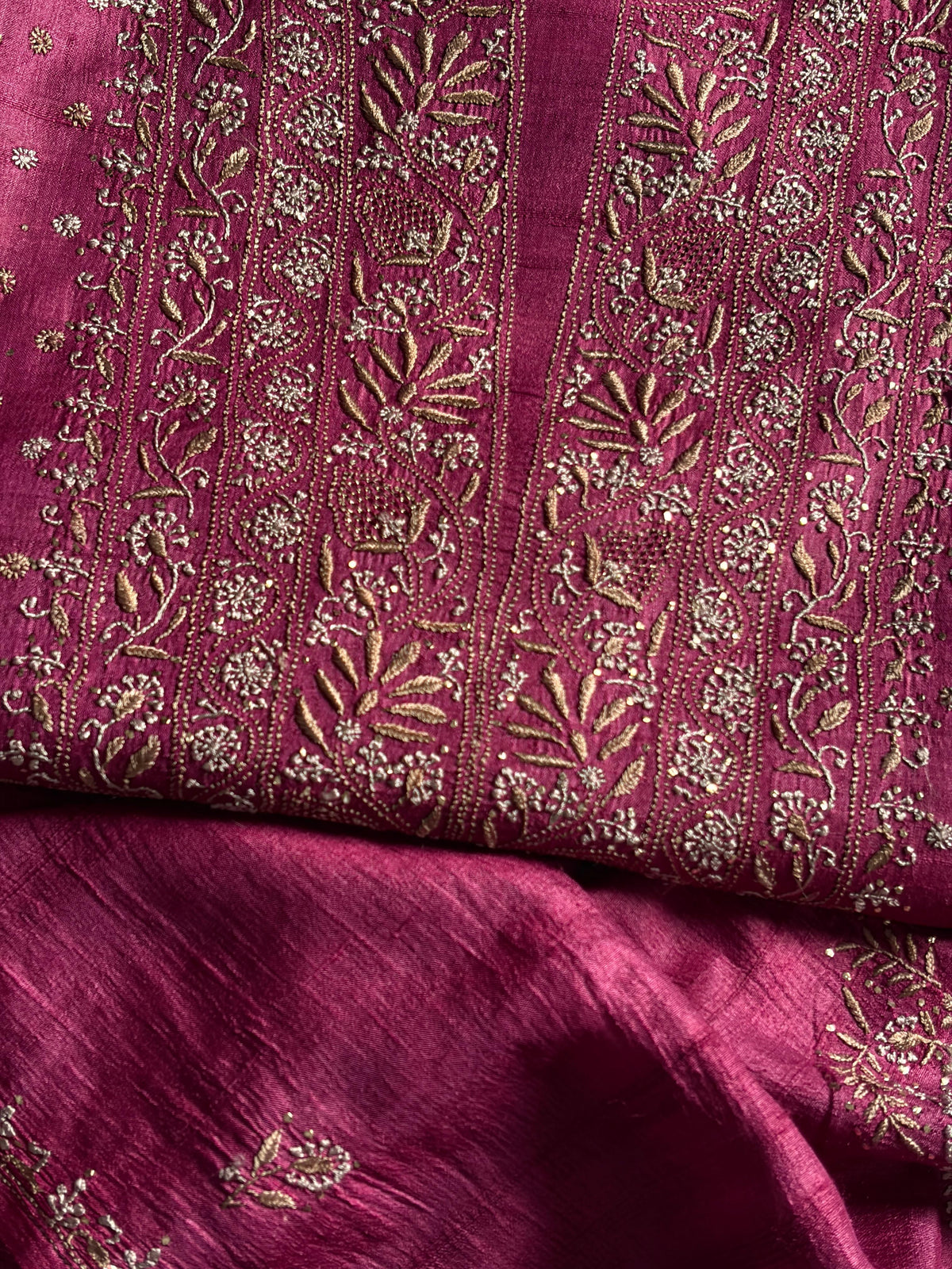 Plum Shade Roheen Tussar Silk Chikankari Fabric