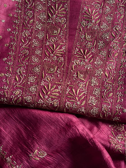 Plum Shade Roheen Tussar Silk Chikankari Fabric