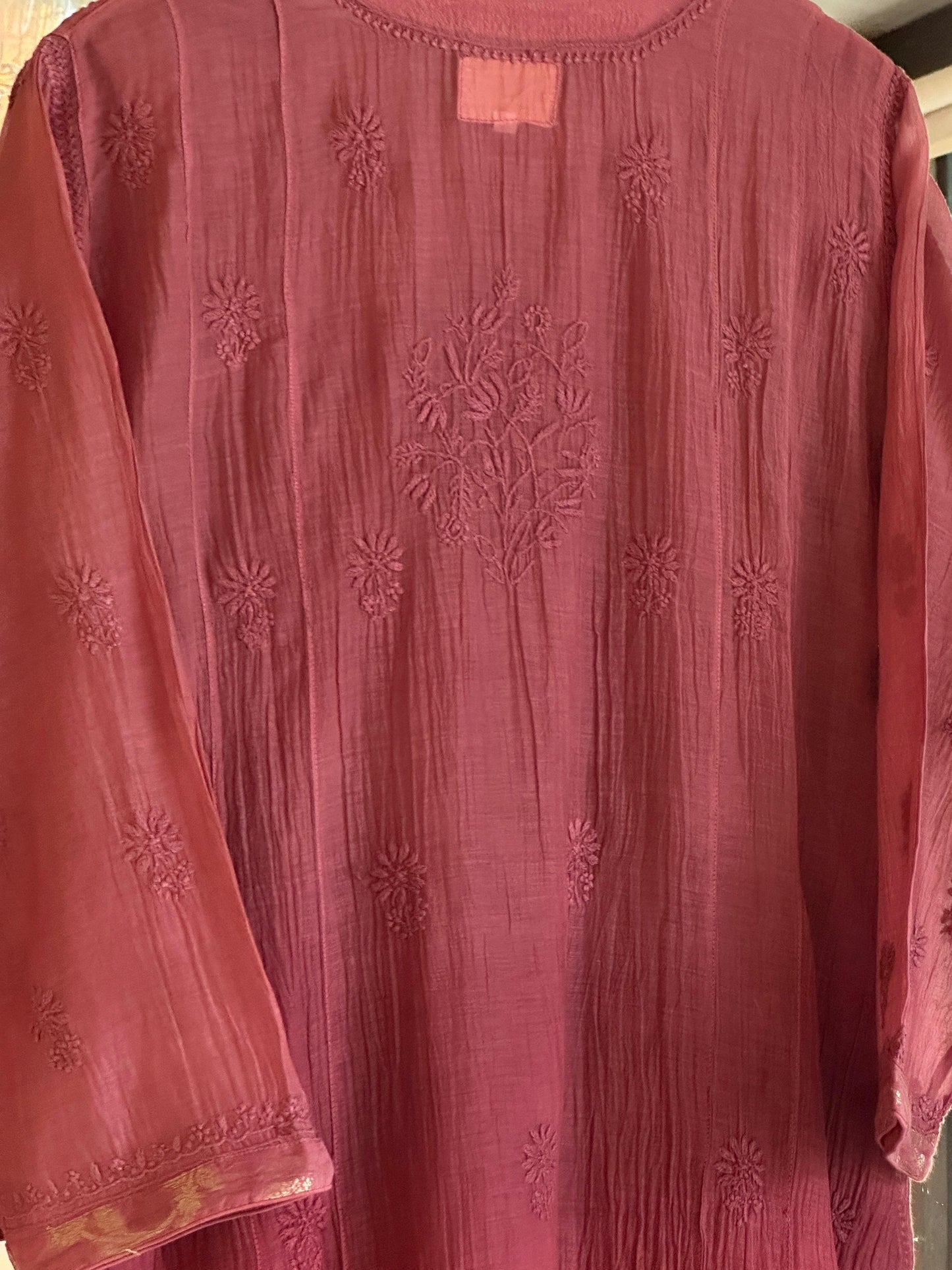 Maroon Zari Chanderi Chikankari A Line Kurta with Slip
