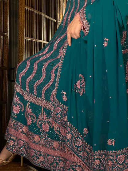 Prussian Blue Sequinned Georgette Chikankari Anarkali