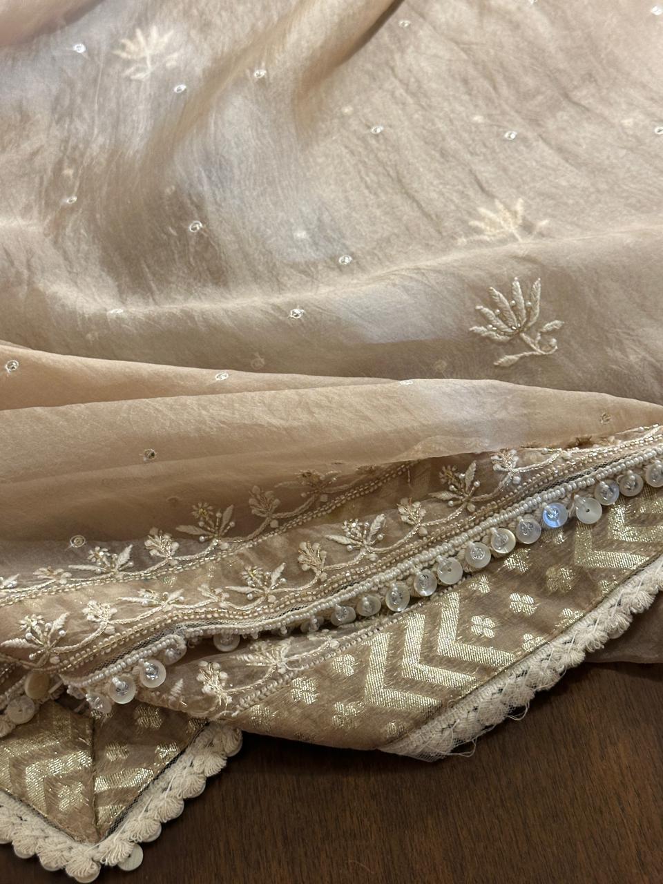 Beige Rasm Tussar Kota Chikankari Unstitched Chikankari Fabrics