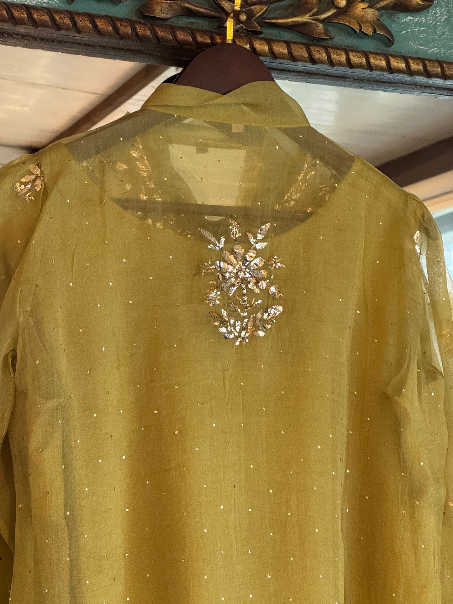 Neon Green Noor Organza Mukaish Badla Short Top With Bow Tie