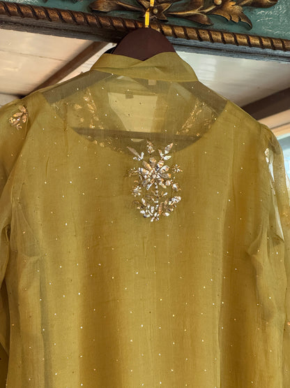 Neon Green Noor Organza Mukaish Badla Short Top With Bow Tie