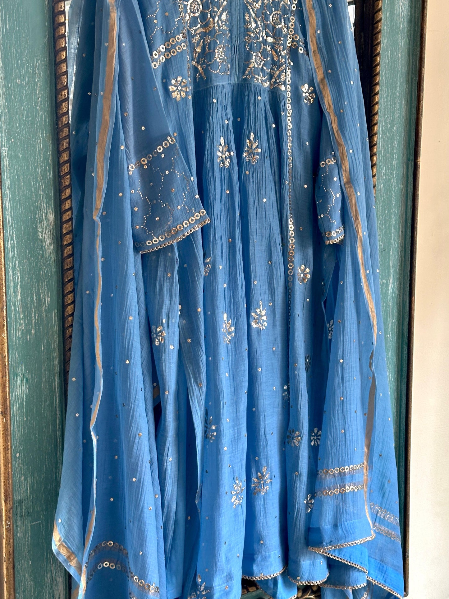 Powder Blue Shade Mukaish Mul Chanderi Silk Dress