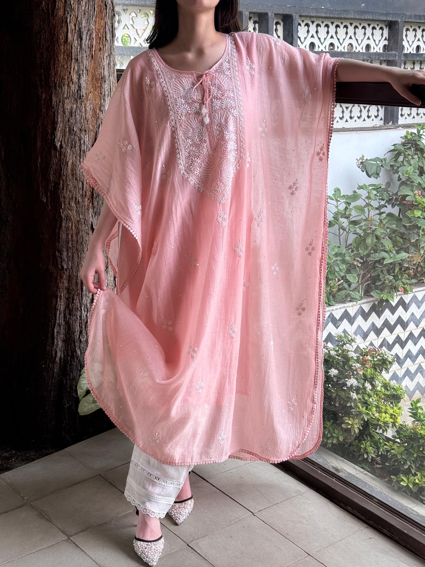 Pink Malmal Sequinned Chikankari Kaftan
