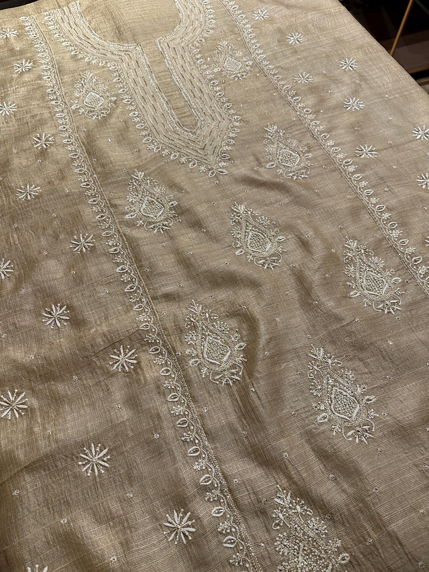 Beige Rasm Tussar Kota Chikankari Unstitched Chikankari Fabric