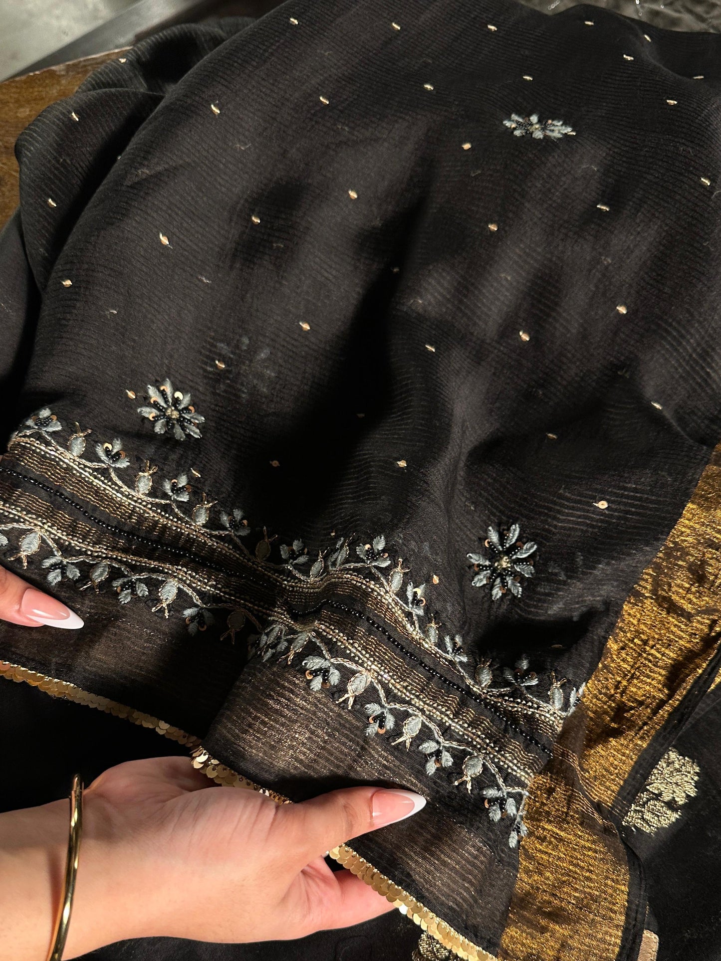 Black & Grey Banarasi Zari Chanderi Unstitched Chikankari Fabric