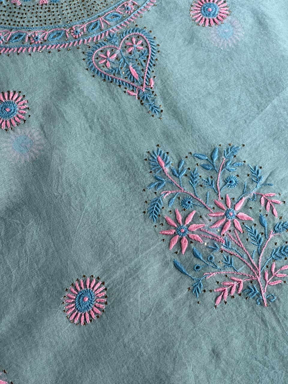 Blue Multi Shade Organza Silk Chikankari Unstitched Fabric