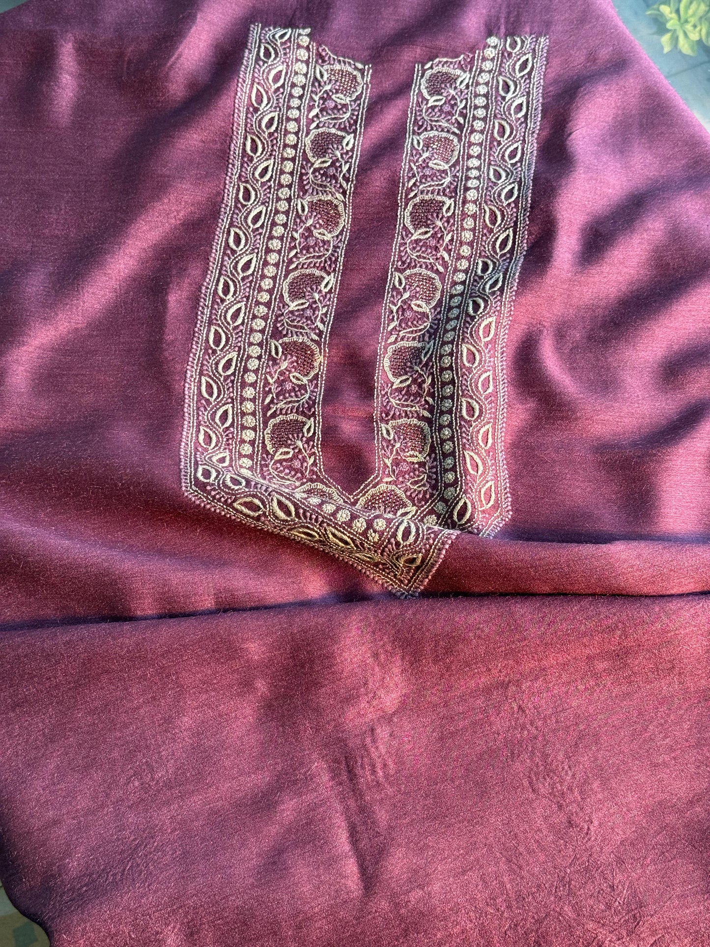 Wine Shade Moonga Silk Chikankari Men’s Kurta Fabrics