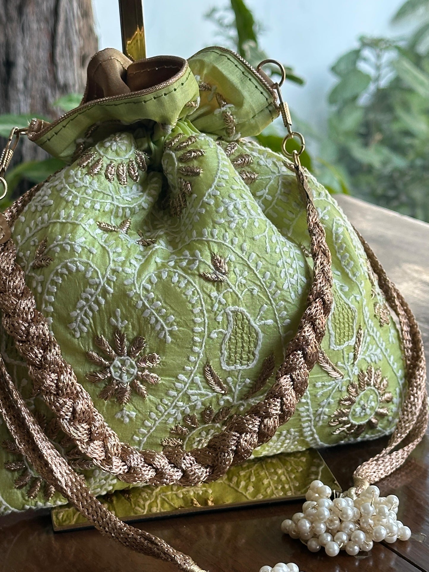 Mehndi Green Raw Silk Zardosi Polti Bags