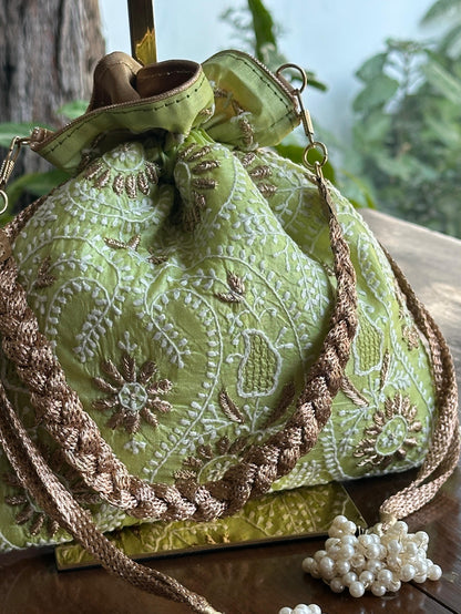 Mehndi Green Raw Silk Zardosi Polti Bags