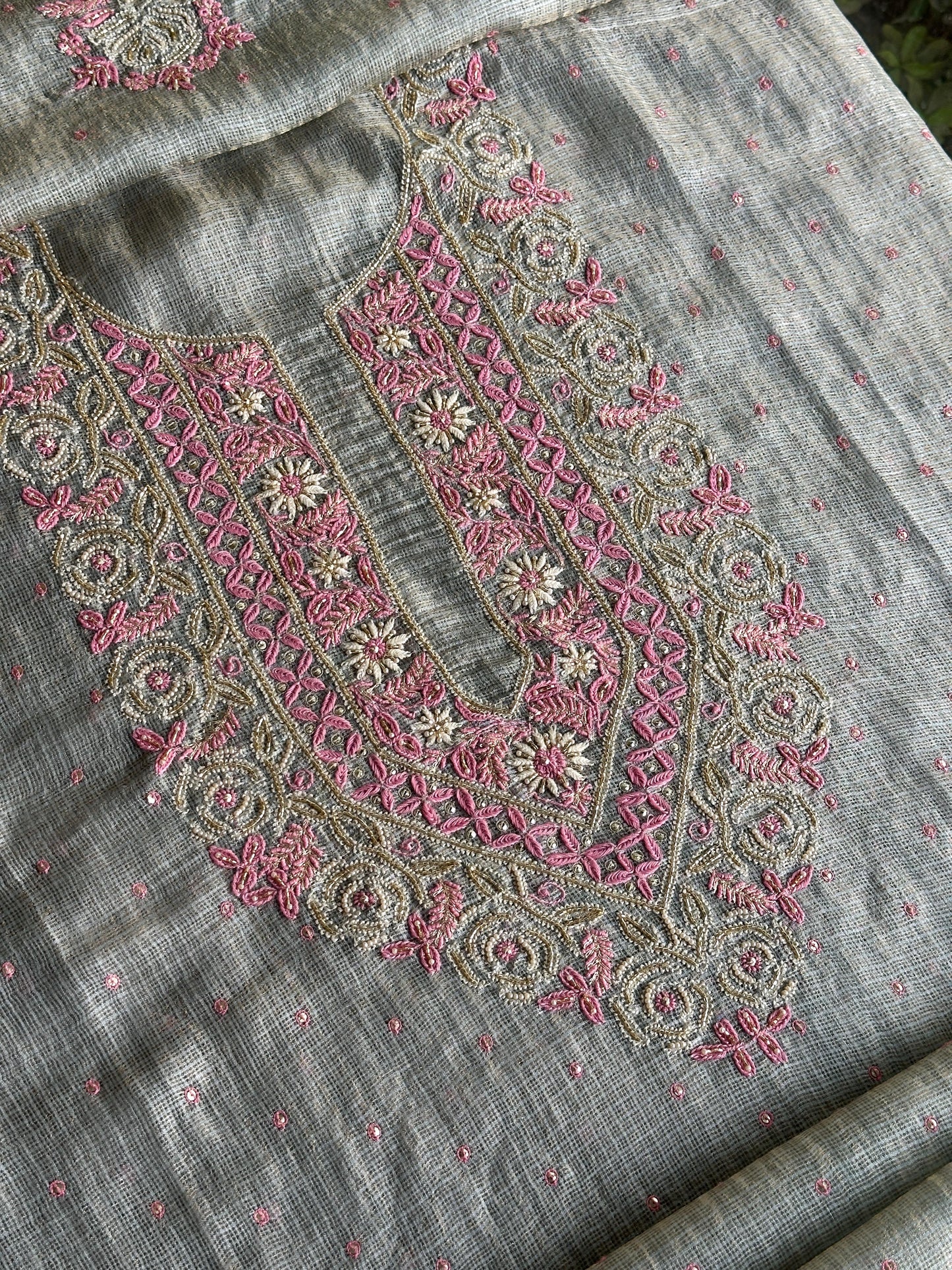 Smokey Grey Shade Tissue Kota Chikankari Unstitched Fabric