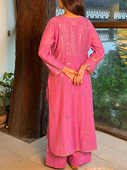 Deep Purple Mukaish Mul Chanderi Silk Ready To Wear Dress