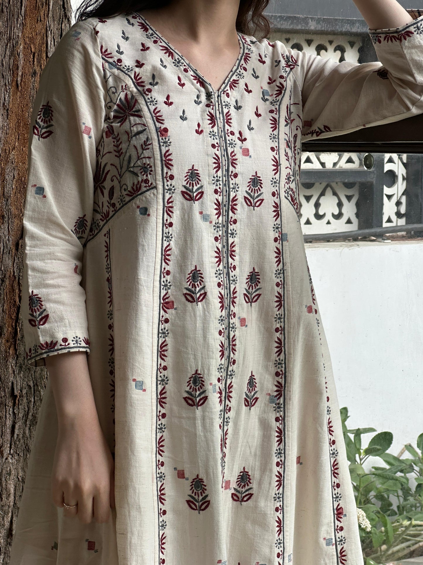 Off White Handspun Malkha Chikankari Panel Tunic