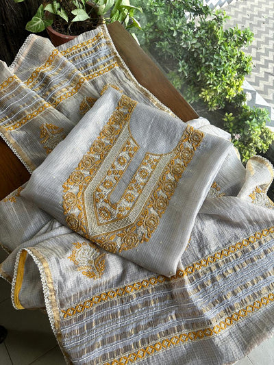 Grey & Mustard Shade Tissue Kota Chikankari Unstitched Fabric