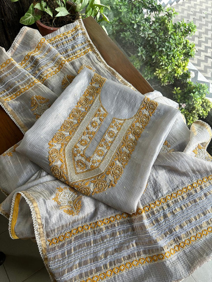 Grey & Mustard Shade Tissue Kota Chikankari Unstitched Fabric