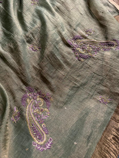 Sage Green & Purple Tissue Silk Chikankari Unstitched Fabric