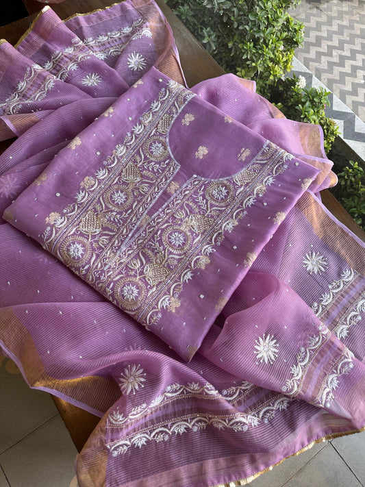 Purple Shade Banarasi Zari Chanderi Unstitched Chikankari Fabric