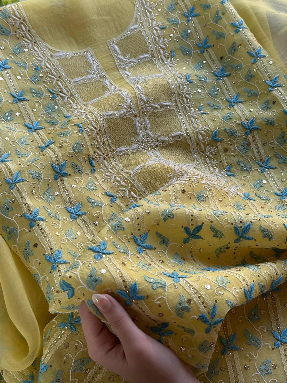 Lemon Yellow & Aqua Noor Organza Silk Chikankari With Kamdani Fabric
