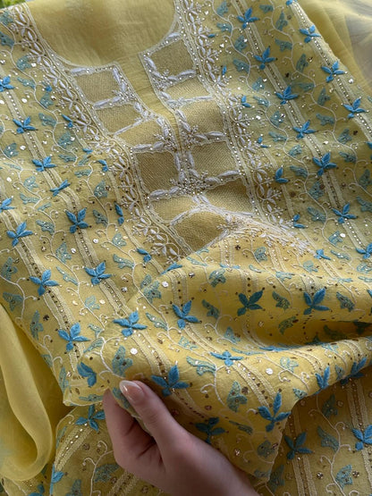 Lemon Yellow & Aqua Noor Organza Silk Chikankari With Kamdani Fabric