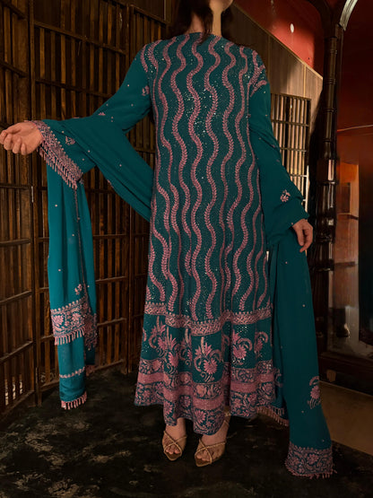 Prussian Blue Sequinned Georgette Chikankari Anarkali