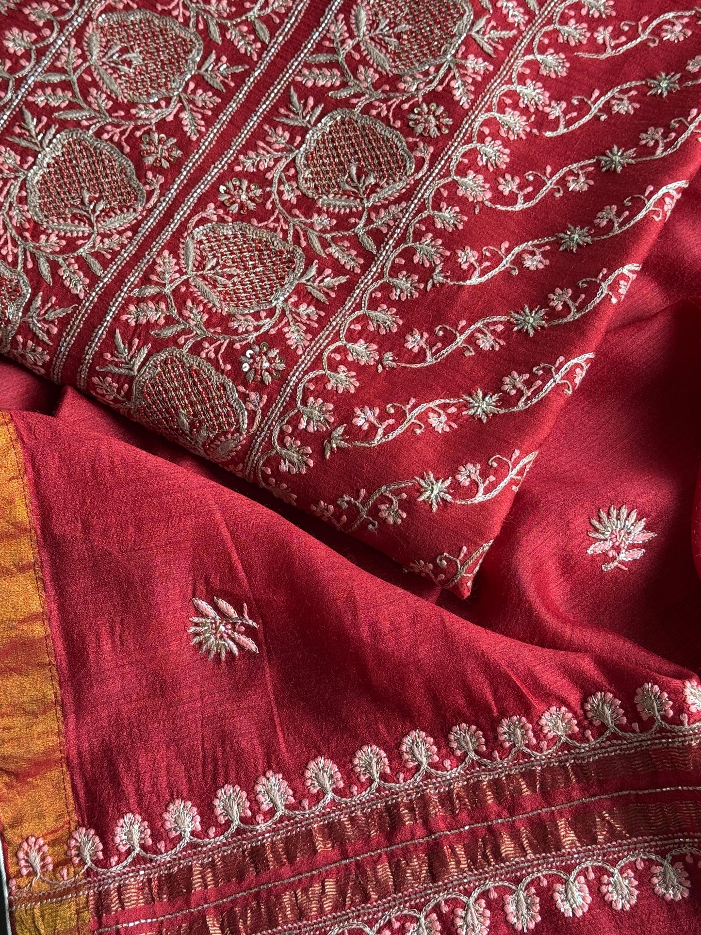 Deep Red Shade Moonga Silk Chikankari Unstitched Fabric