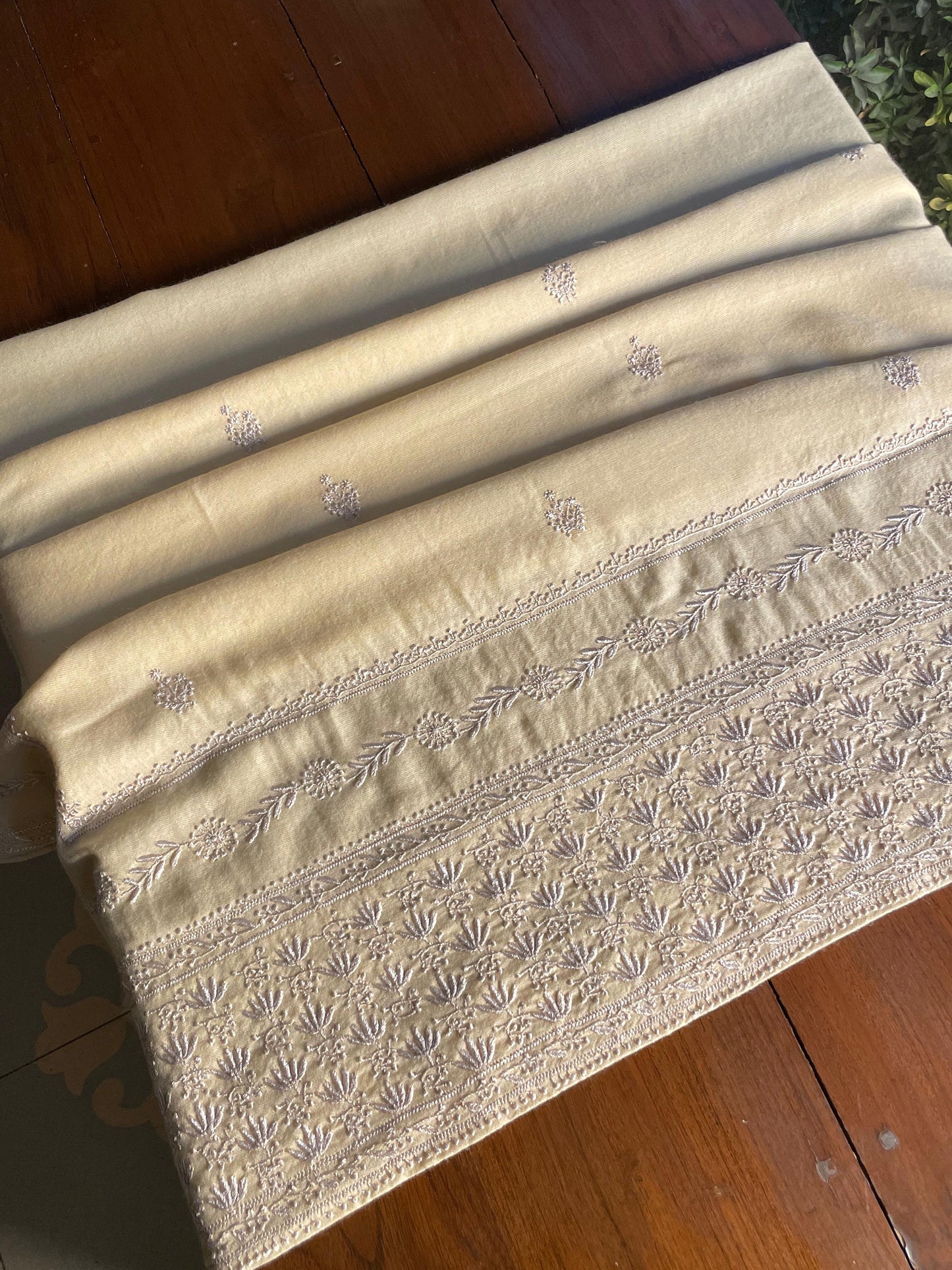 Natural Off White Shade Saman Pashmina Resham Thread Fine Chikankari Shawl