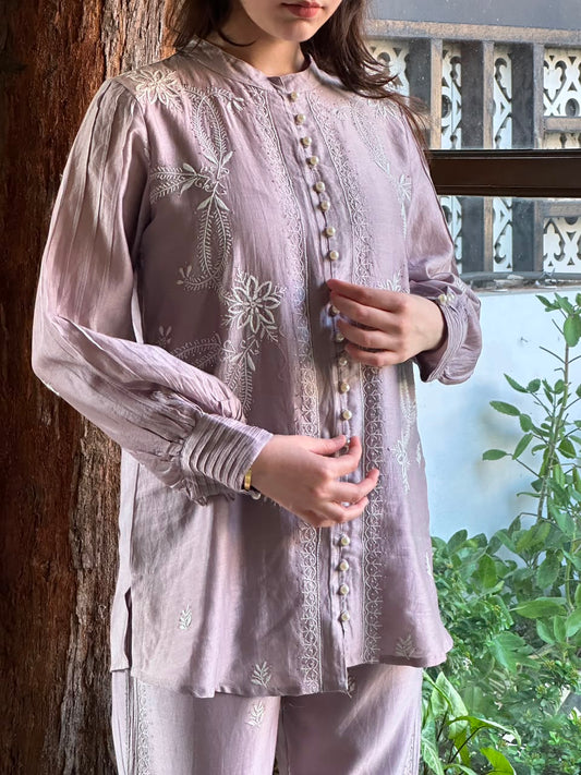 Pastel Purple Chanderi Chikankari Co-Ord Set