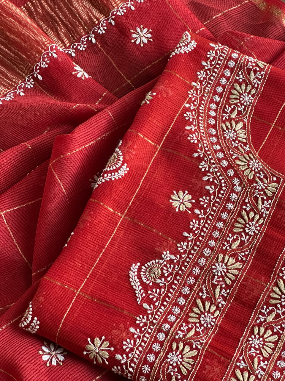 Red Shade Tissue Zari Kota Chikankari Unstitched Fabric